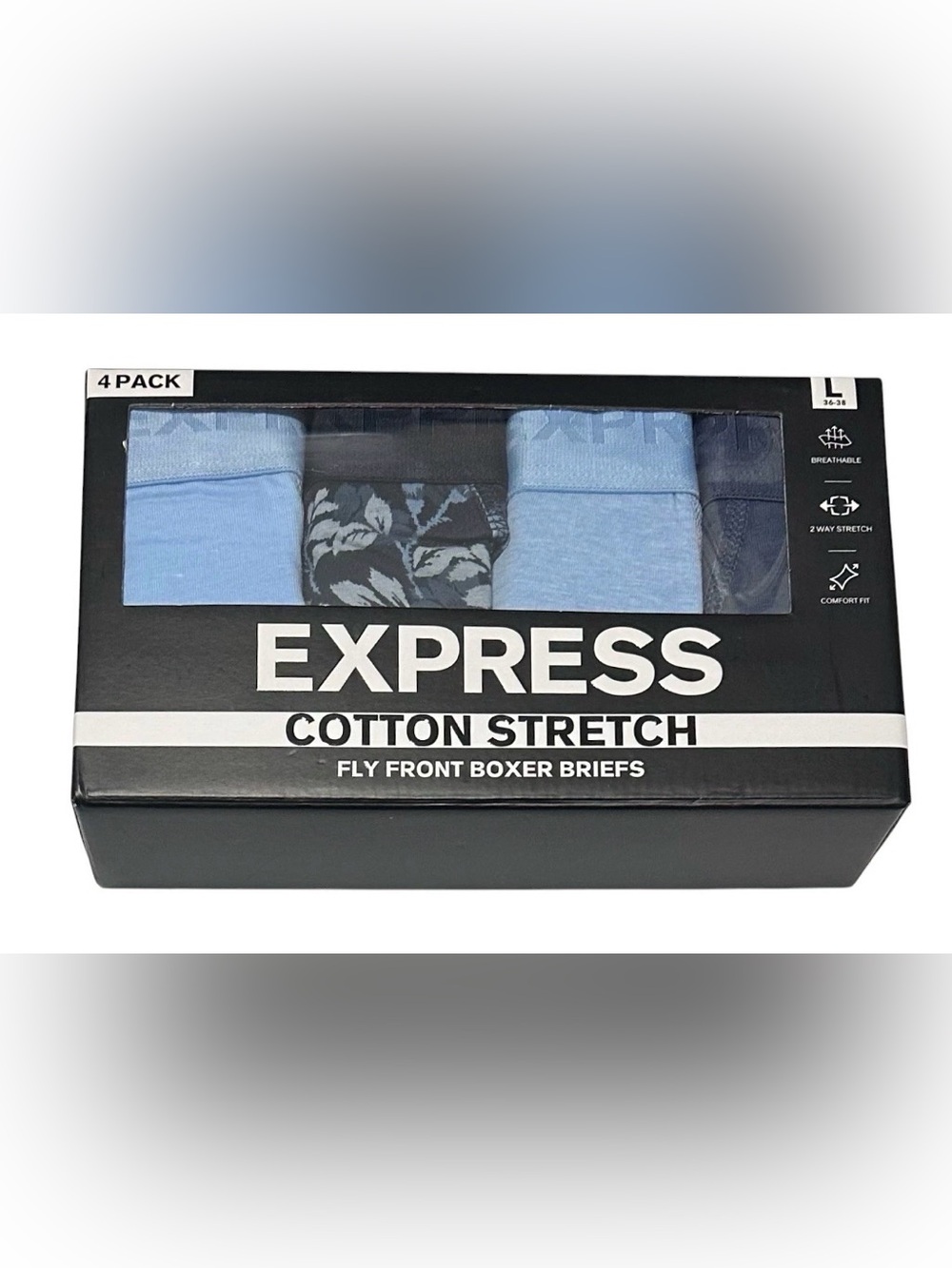 Express 4 Men's Cotton Stretch Fly Front Boxer Briefs Large (36-38) Blues